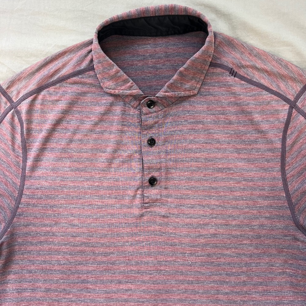 LULULEMON Mens Polo Medium‎ Short Heathered Stripe Shirt Activewear Red Gray
